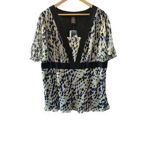 NWT ALFANI 100% Silk Printed Deep Neck Short Flutter Sleeve Dressy Top 18W